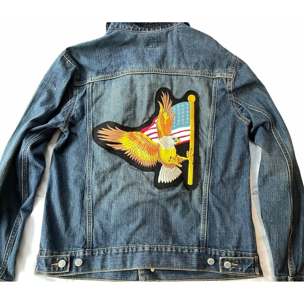 GAP Classic Denim Jean Jacket, Size Medium US Flag-Eagle-Devil Patches Patriotic